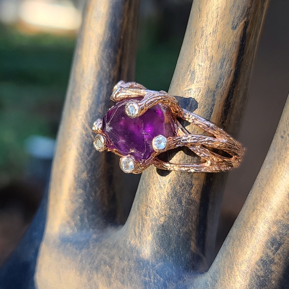 Amethyst raw nugget w/topaz accent stones sterling &rose gold ring sz7.75 - Picture 3 of 12